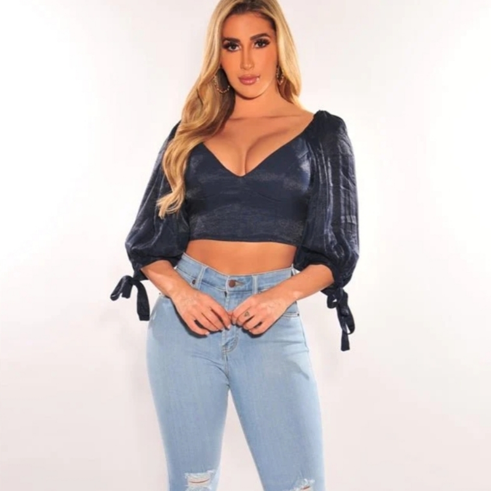 NAVY PADDED LONG SLEEVE CUT OUT TIE UP BACK BUSTIER CROP TOP